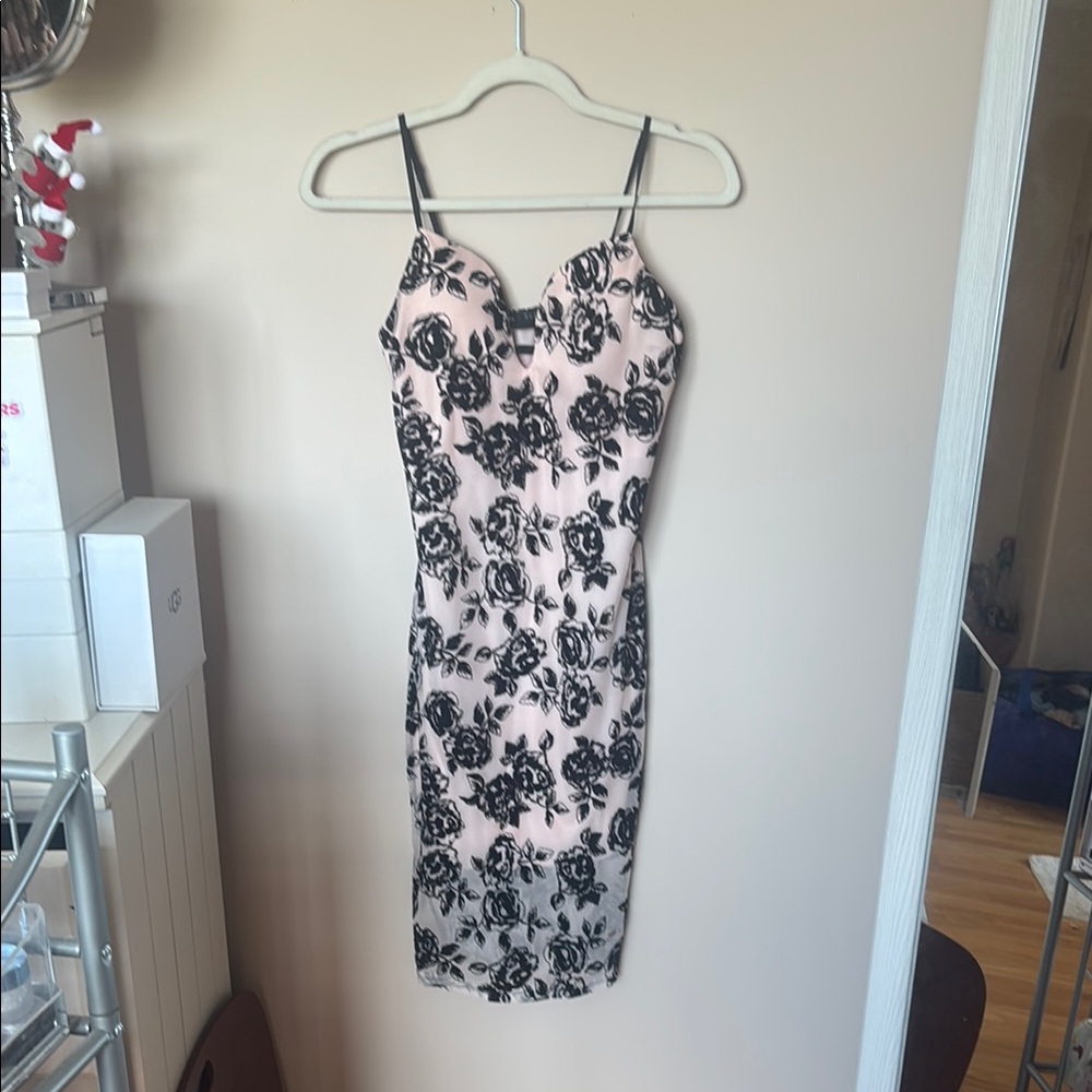 Black and White Sheath Midi Dress with Spaghetti Straps